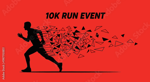 Dynamic 10K Run Event Announcement with Silhouetted Runner and Abstract Graphic Element