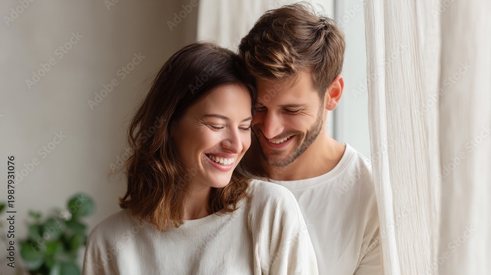 Fototapeta premium Happy couple embracing, sharing a joyful moment indoors by the window.