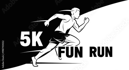 Dynamic 5K Fun Run Emblem Featuring a Running Athlete Silhouette in Black and White