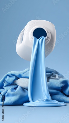 A white laundry detergent bottle pouring blue liquid onto soft blue fabric.