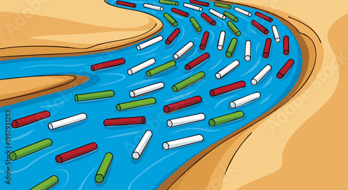 Abstract river of colorful pills and capsules, pharmaceutical pollution in water concept, medical waste flowing in blue river vector illustration