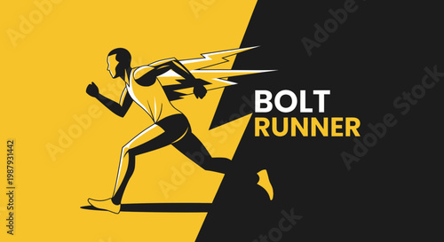 Dynamic Athlete Silhouette Sprinting with Electric Bolt, Abstract Sporting Design