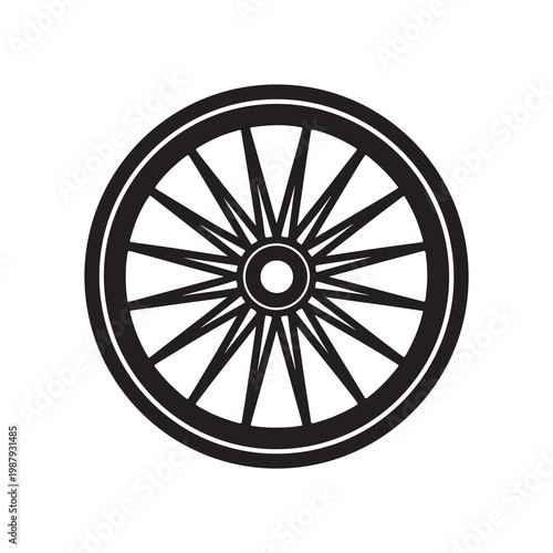 Blackandwhite illustration of a wheel with spokes used for transportation or machinery  simple design