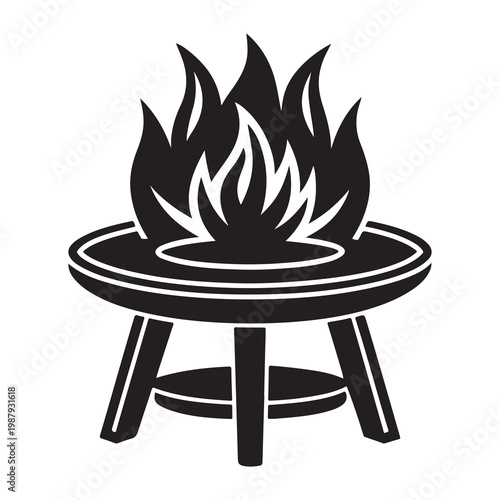 Blackandwhite illustration of fire burning on a round table with three legs  simple flat design