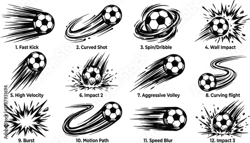 Illustrations of various soccer ball kicks and movements