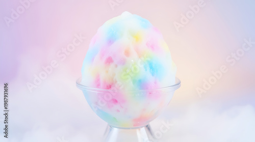dreamy fantasy shaved ice dessert with glowing pastel colors soft mist atmosphere smooth gradient background large empty space 