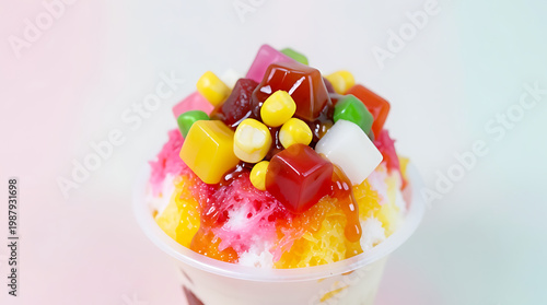 colorful thai style shaved ice dessert with jelly cubes sweet corn and syrup arranged in artistic layout clean pastel background 