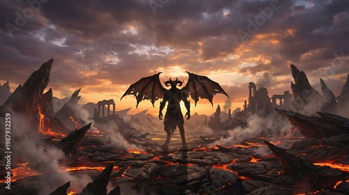 a dark fantasy creature stands in a desolate, fiery landscape.