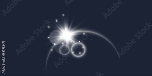 White light flare with ring halos. Star burst, radial beams, curved arcs, sparkle dots on dark bg. Glowing circles, soft bokeh overlay. Space poster, magic effect, lens flare design element. Vector.