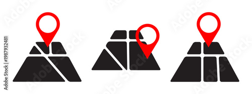 Map location icon set. Red pin markers on abstract black map tiles with diagonal divisions. Navigation pointer, GPS destination, travel route, address symbol, city guide design. Vector.