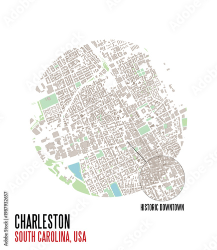 Charleston historic centre vector mapping. South Carolina, USA city map illustration for poster, print, social media post. Simple and editable layout of urban plan of central district