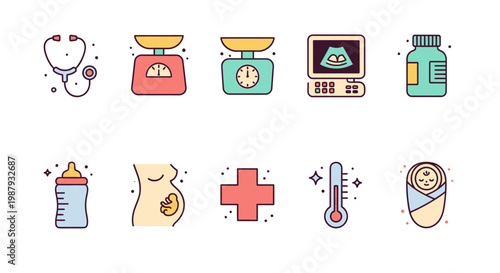 Set of medical icons featuring pregnancy and midwifery equipment including ultrasound, stethoscope, and baby care for International Midwives Day.
