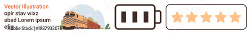 Performance review, logistics, transportation, energy efficiency, quality standards, ratings. Train linked to battery icon and five stars. Performance review and logistics concept