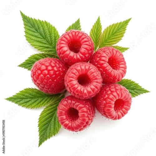 A cluster of ripe raspberries surrounded by vibrant green leaves