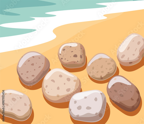 illustration of rocks on a sandy beach by the ocean