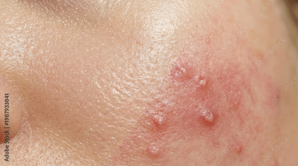 Fototapeta premium Healthy skin barrier vs acne inflammation closeup facial skin with red pimple and rash texture showing irritated complexion and pores for dermatology skincare concern in macro detail