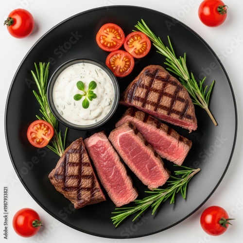 Grilled steak with rosemary garnish and tomato salad on a black plate
