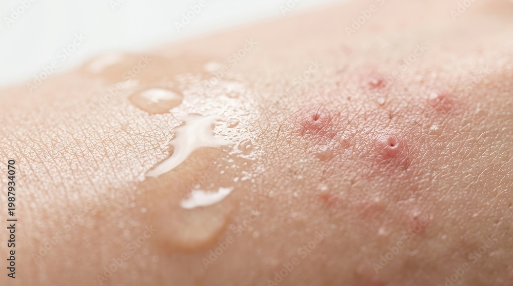 Fototapeta premium Healthy skin barrier vs acne inflammation closeup on human body with red bump and water droplet showing irritated texture and pore detail for skincare concept and dermatology education
