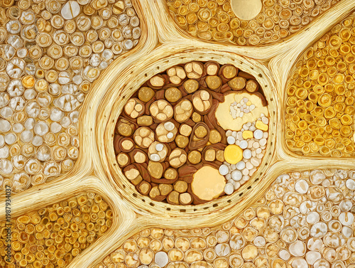 Human cochlea inner ear anatomy cross section illustration showing cochlear duct chambers organ of Corti and spiral ganglion structure in warm amber gold tones on white background