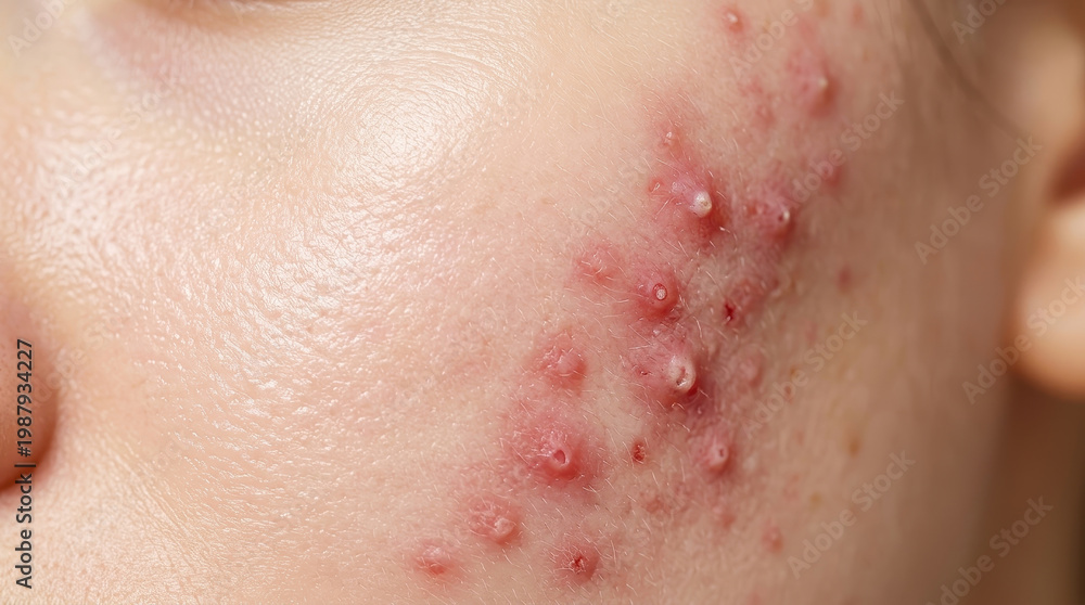 Fototapeta premium Healthy skin barrier vs acne inflammation closeup of cheek with red pimple and pustule skin texture visible dermatology concept for skincare treatment hygiene and medical education