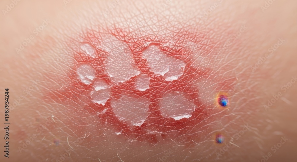 Fototapeta premium Close-up View of Skin Condition with Blisters and Redness.