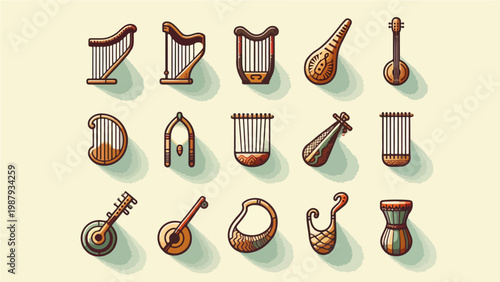 Set of Fifteen Diverse Ancient Traditional String and Percussion Musical Instruments Including Harp, Sitar, Lute, and Drum Icons, Flat Vector Illustration Collection