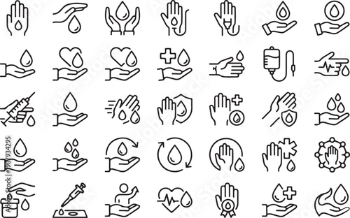 Medical blood donation icons set, 35 thin line vector symbols of hands with drops, healthcare and charity donor concept graphics