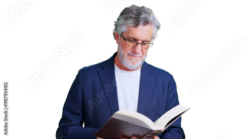 Senior man reading book showing wisdom and knowledge
