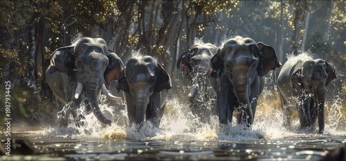 Herd of wild elephants charging through river in dense jungle