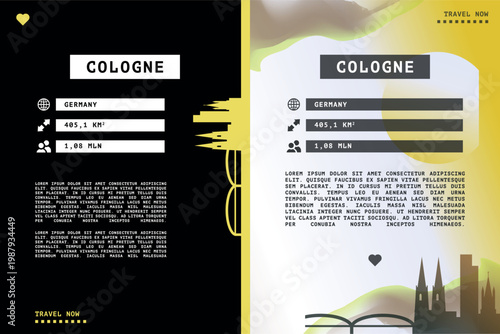 Cologne, Germany vector infographics, brochure layout set. Guide, leaflet, flyer, graphic templates with text, information, data, city skyline shape. Mock up, copy space images series