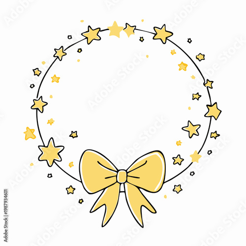 星もこもこ円形フレームかわいい薄黄色リボン線画ベビー枠