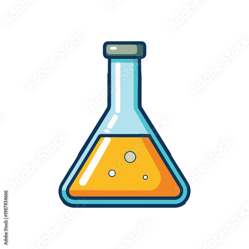 Cartoon illustration of a laboratory flask with yellow liquid and bubbles inside  science equipment  chemistry  lab glassware