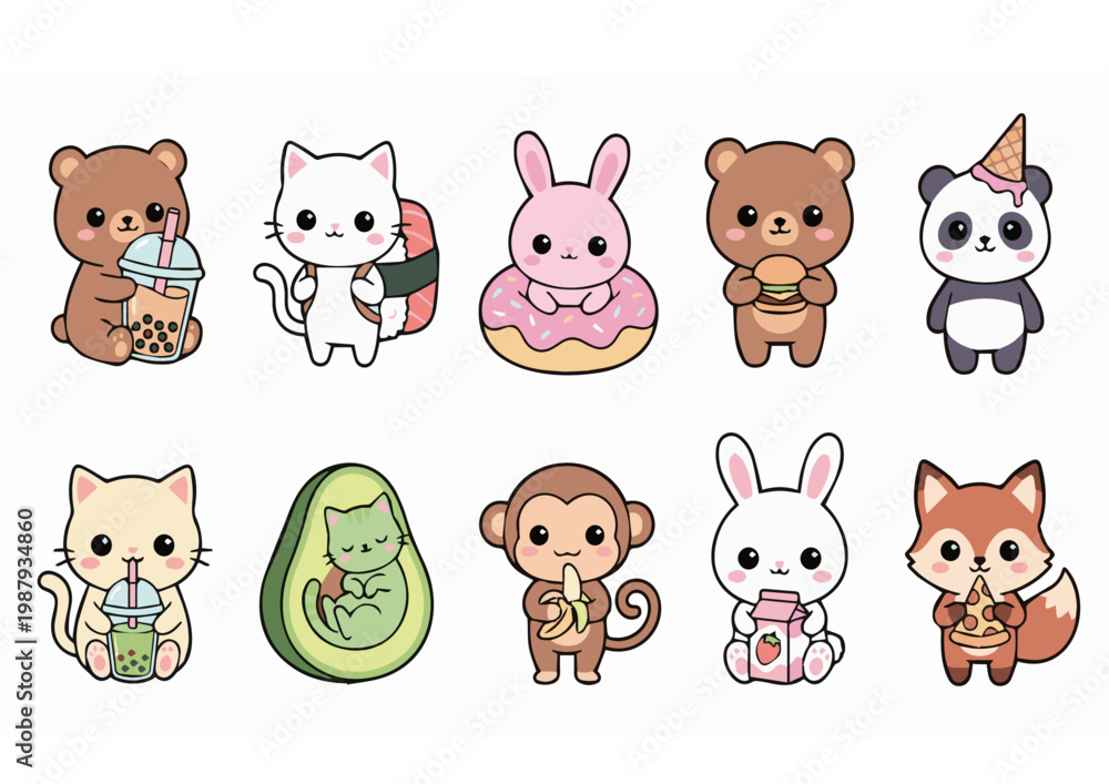 Fototapeta premium Cute Kawaii Chicken Pig and Horse Cartoon Animal Set