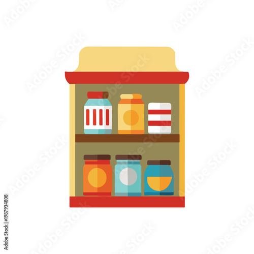 Cartoon illustration of a shelf with various jars and containers on it  food storage  kitchen supplies