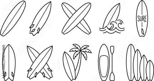 Surfboard vector icon illustration featuring a minimalist black line art design of a classic longboard for surfing, water sports, beach lifestyle, and summer vacation, scalable AI-generated art.