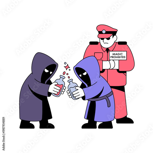 Magic Shopkeeper Watching Two Hooded Figures Exchanging Magic Wands