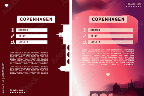 Copenhagen, Denmark vector infographics, brochure layout set. Guide, leaflet, flyer, graphic templates with text, information, data, city skyline shape. Mock up, copy space images series
