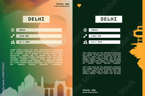 Delhi, India vector infographics, brochure layout set. Guide, leaflet, flyer, graphic templates with text, information, data, city skyline shape. Mock up, copy space images series