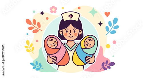 Cute female midwife holding twin newborn babies with colorful leaves and stars background for International Midwives Day.