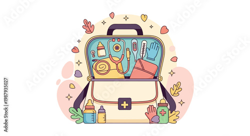 Cute medical bag for midwife featuring professional equipment and baby care items with colorful leaves background for International Midwives Day.
