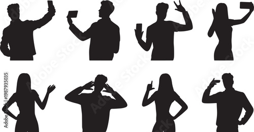 diverse group of people taking selfies with smartphones in flat design style