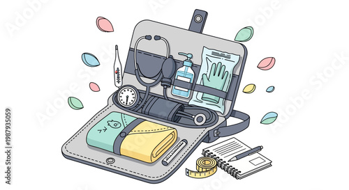 Open medical bag containing professional midwife equipment including stethoscope, sphygmomanometer, and thermometer for International Midwives Day.