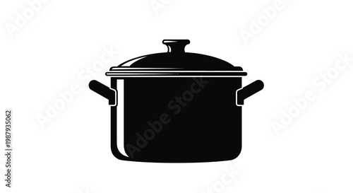 A minimalist black and white illustration depicting a classic cooking pot with a lid and handles