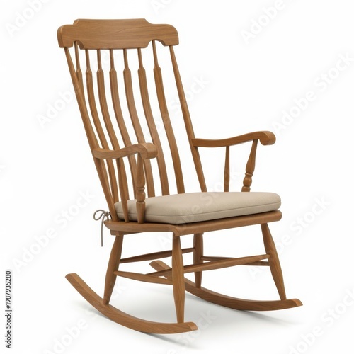A wooden rocking chair with a beige cushion for comfortable seating.