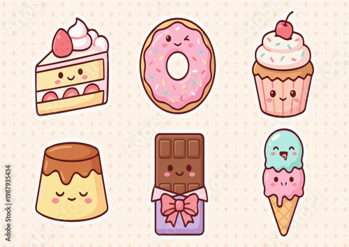 Bild auf Leinwand Cute Kawaii Dessert Set with Ice Cream Cake and Chocolate Bars