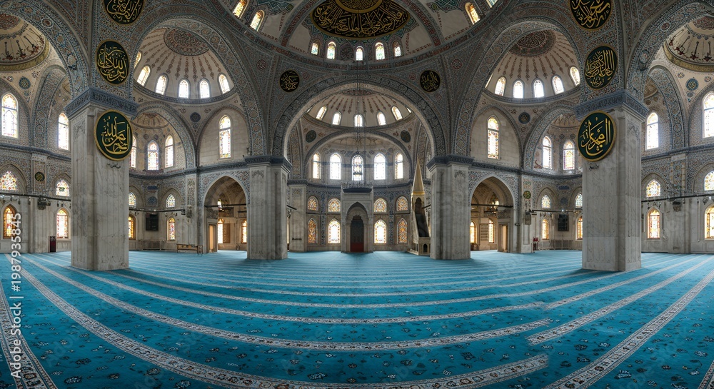 Obraz premium Interior of a Grand Mosque with Blue Carpets and Domes.