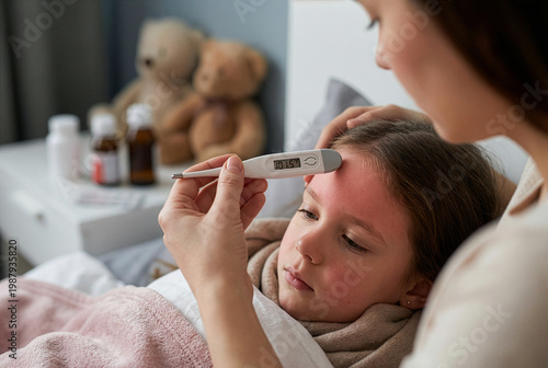 Concerned mother checking her sick daughter's temperature with a digital thermometer in a bedroom