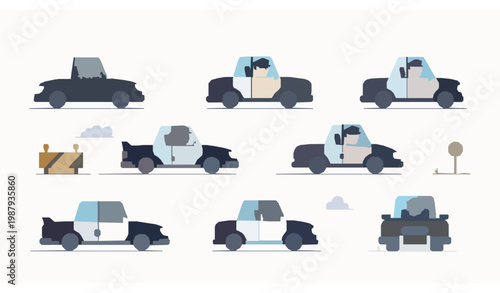 Top view cartoon police patrol car with officer and road elements vector illustration