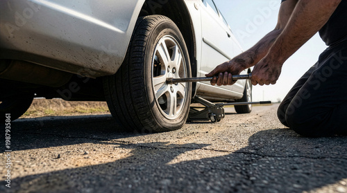 Man changing a flat tire on the side of a road with a lug wrench and car jack