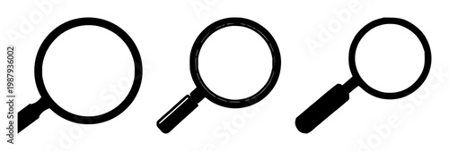 Solid black icon, white background: magnifying glass study set with simple line art design featuring line art, illustrations, graphic resources with vector and design elements